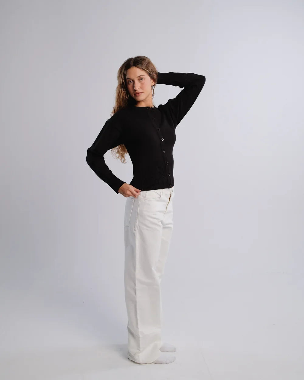 Fitted Cardigan in Black — studio photograph