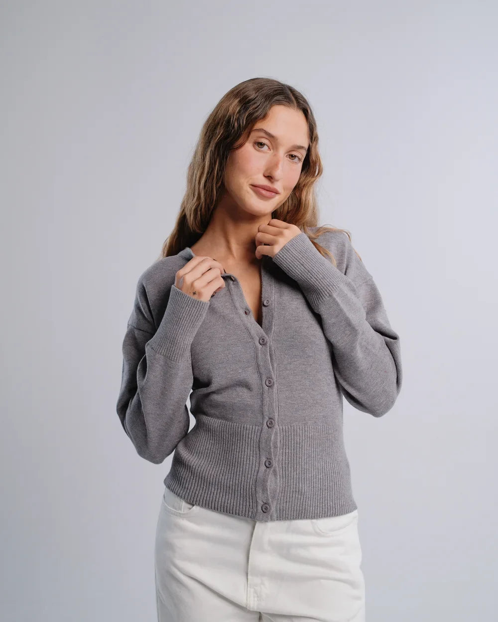 Fitted Cardigan in D-Gray — studio photograph