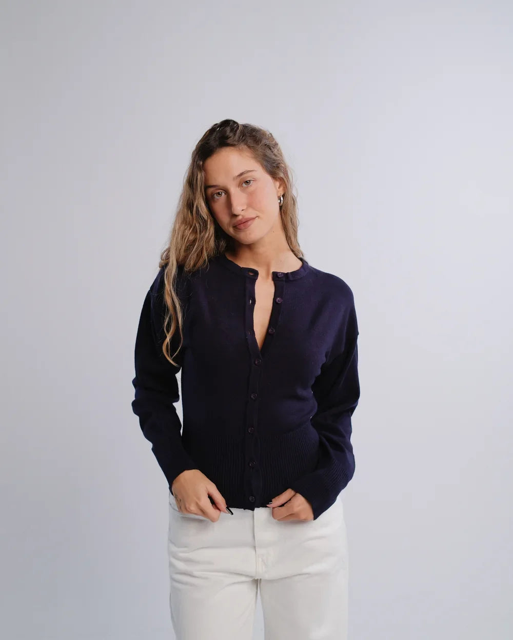 Fitted Cardigan in Navy — studio photograph