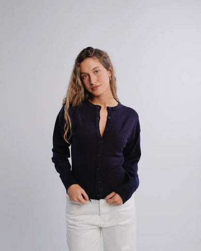 Fitted Cardigan in Navy — studio photograph