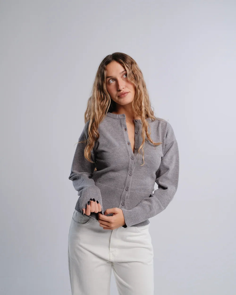 Fitted Cardigan in D-Gray — studio photograph