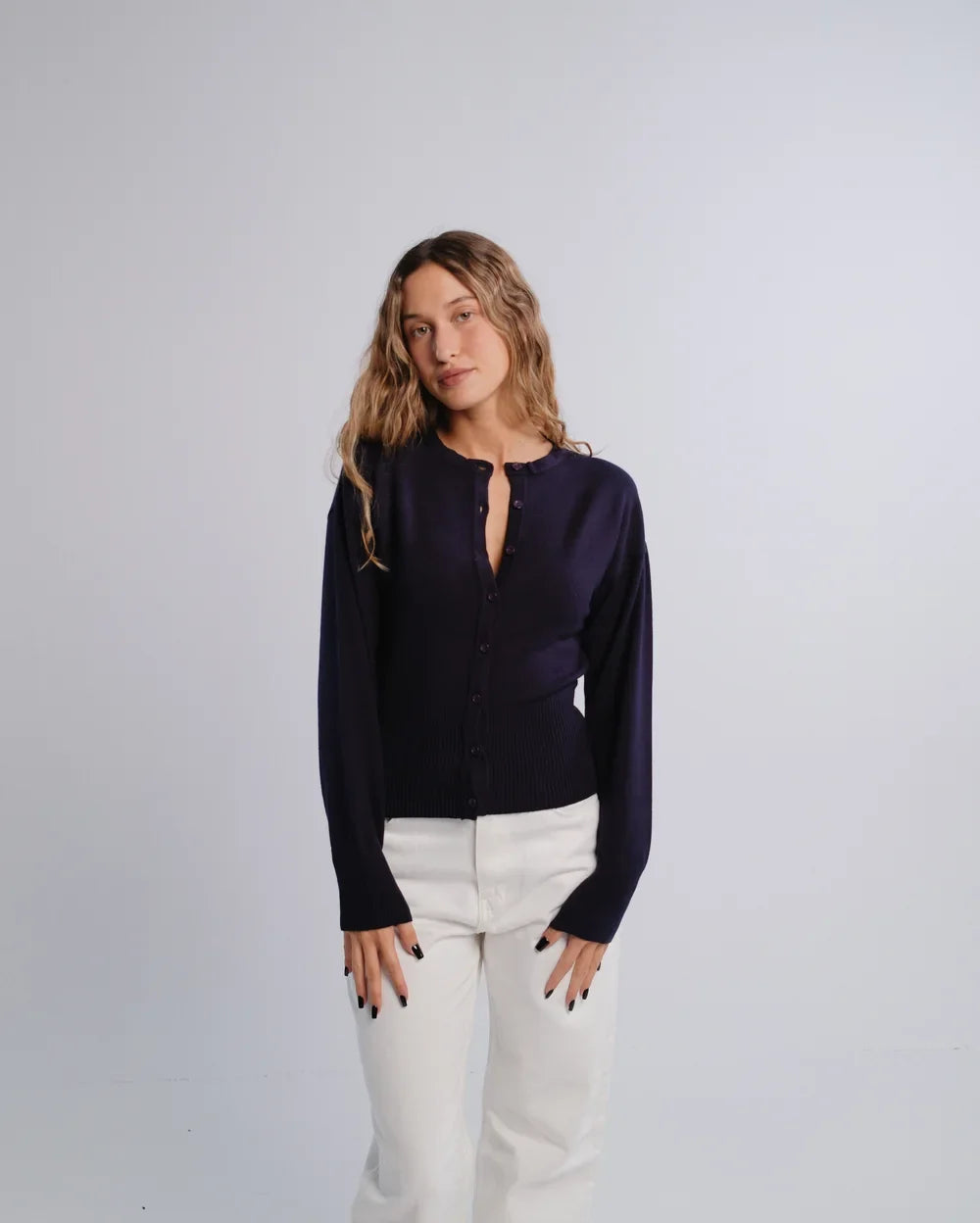 Fitted Cardigan in Navy — studio photograph