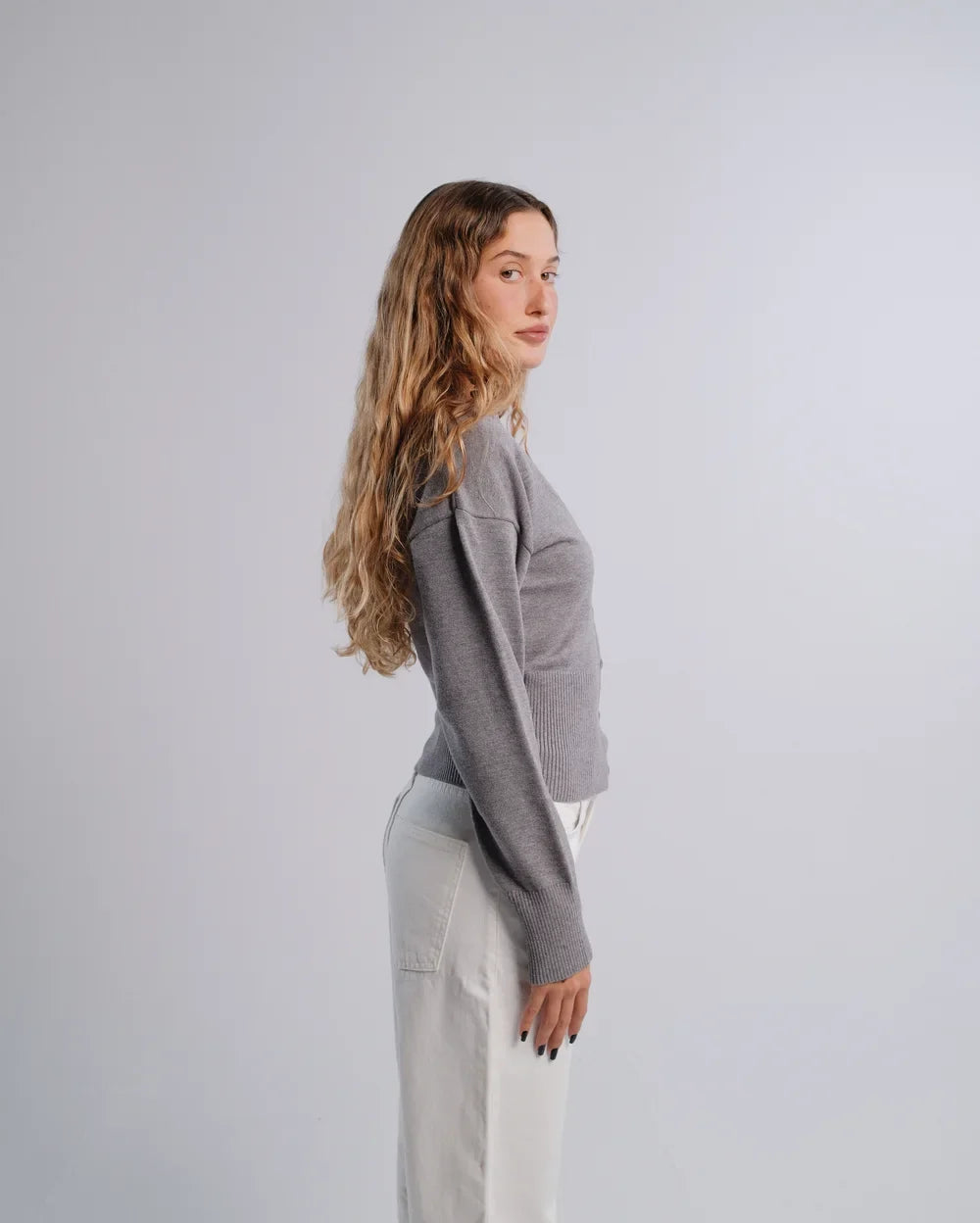 Fitted Cardigan in D-Gray — studio photograph