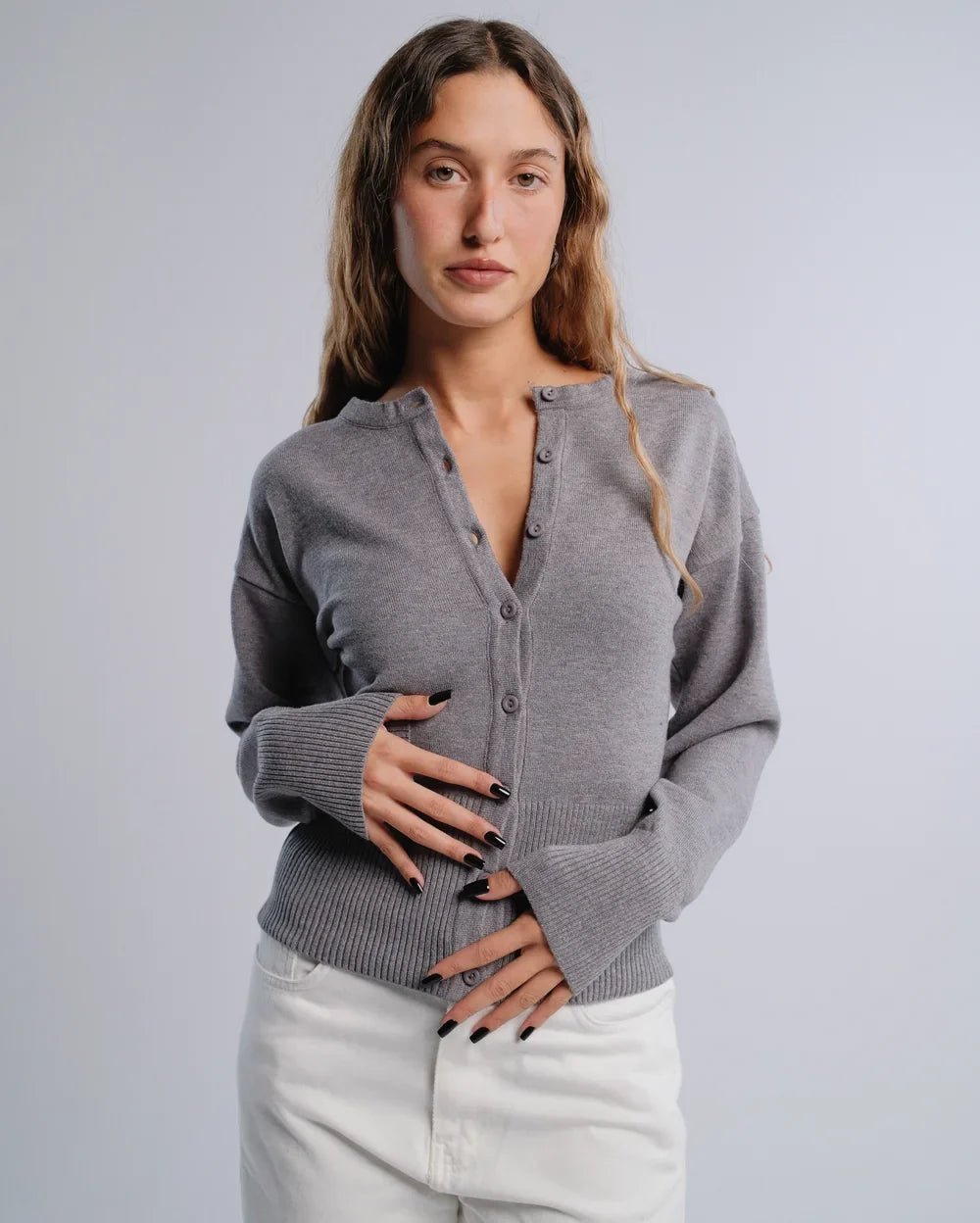 Fitted Cardigan in D-Gray — studio photograph