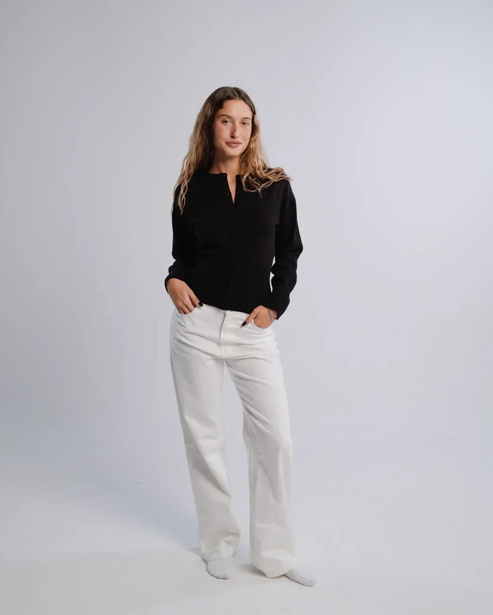 Fitted Cardigan in Black — studio photograph