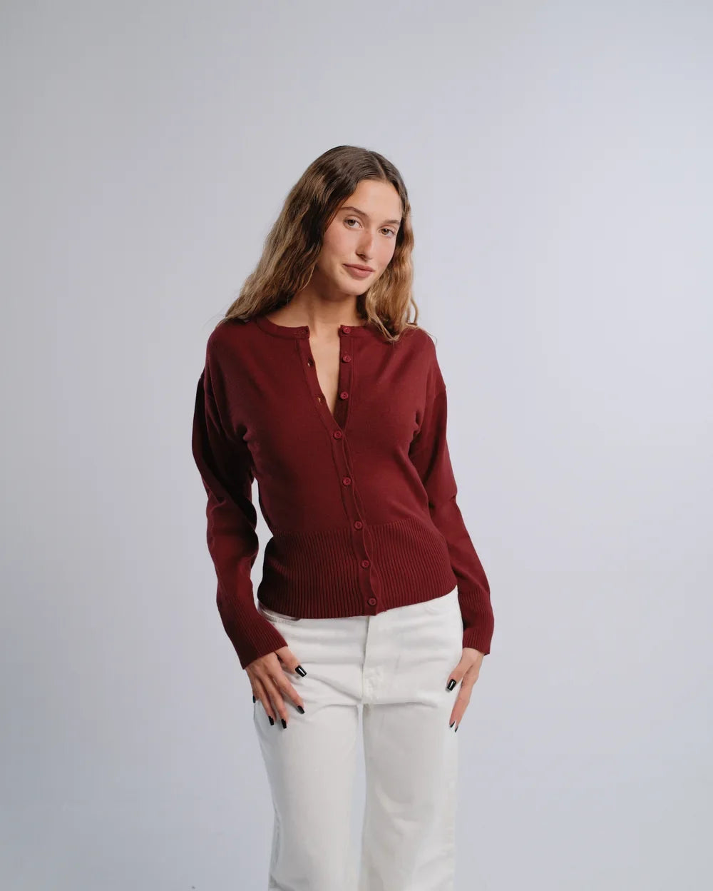 Fitted Cardigan in Burgundy — studio photograph
