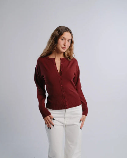 Fitted Cardigan in Burgundy — studio photograph