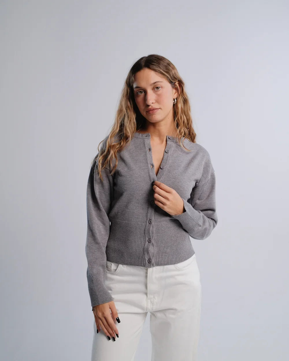 Fitted Cardigan in D-Gray — studio photograph