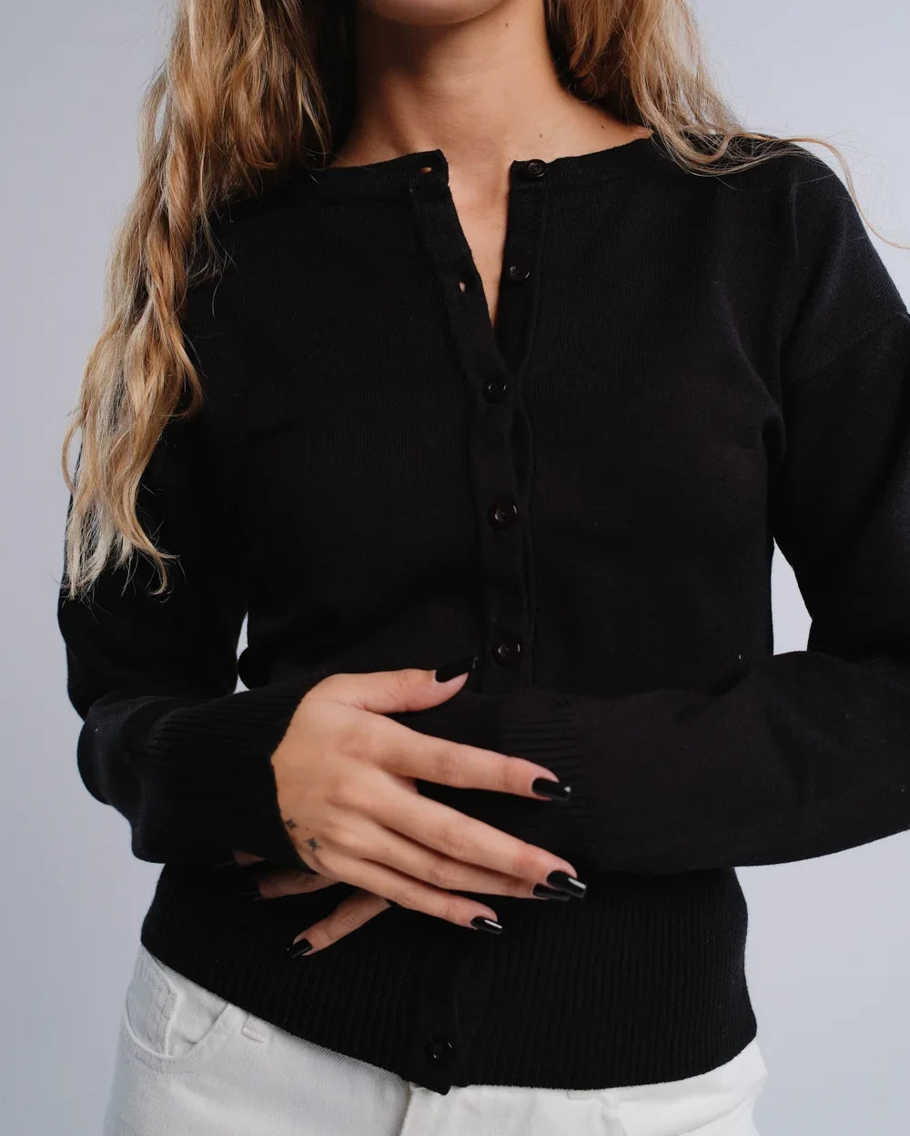 Fitted Cardigan in Black — studio photograph