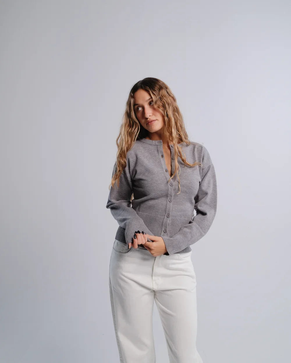 Fitted Cardigan in D-Gray — studio photograph