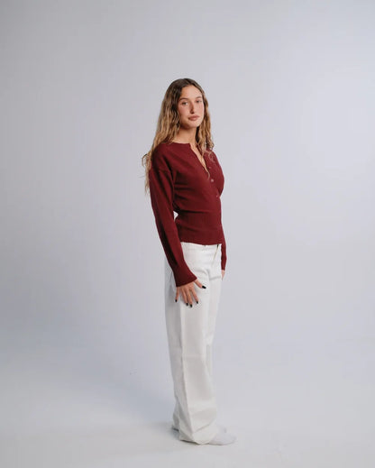Fitted Cardigan in Burgundy — studio photograph
