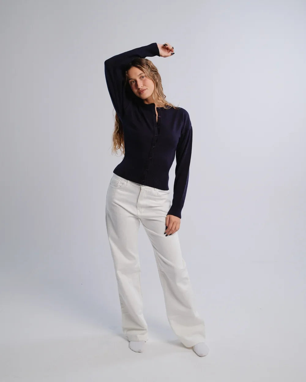 Fitted Cardigan in Navy — studio photograph