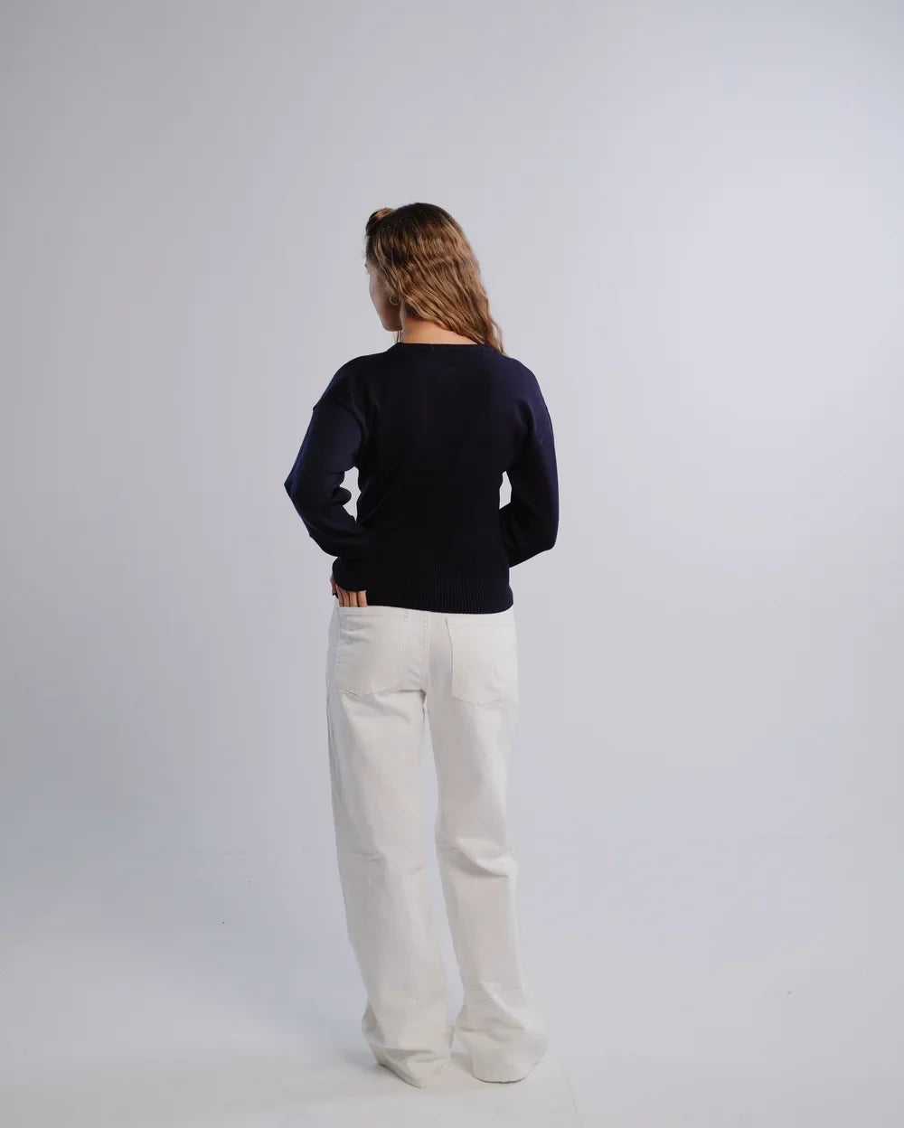 Fitted Cardigan in Navy — back view