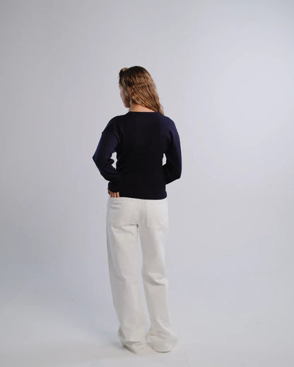 Fitted Cardigan in Navy — back view