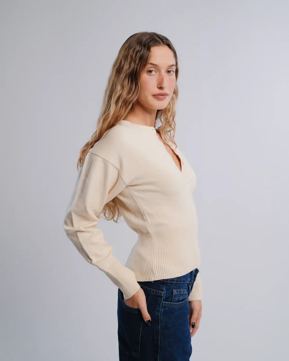 Fitted Cardigan in Cream — studio photograph