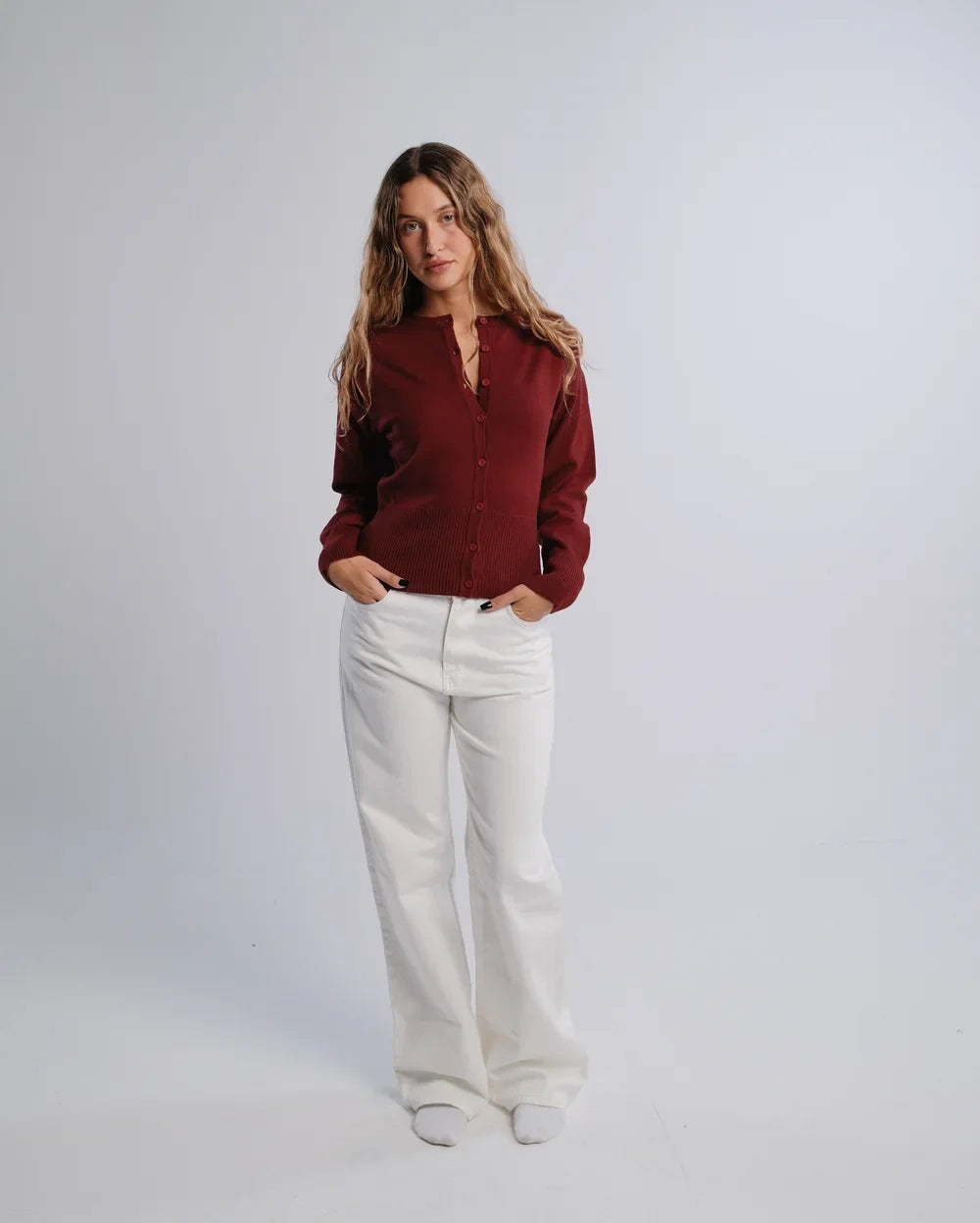 Fitted Cardigan in Burgundy — studio photograph