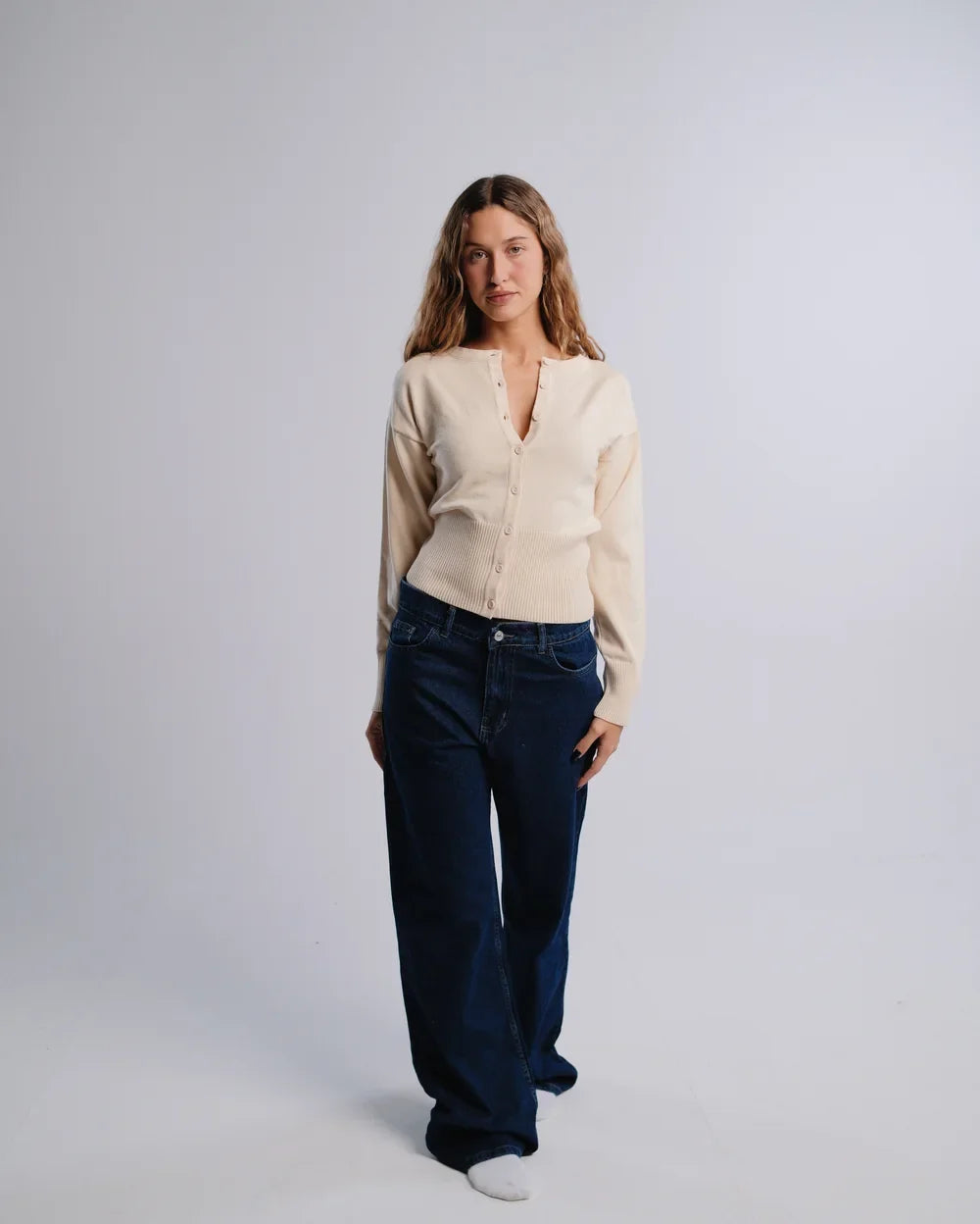Fitted Cardigan in Cream — studio photograph