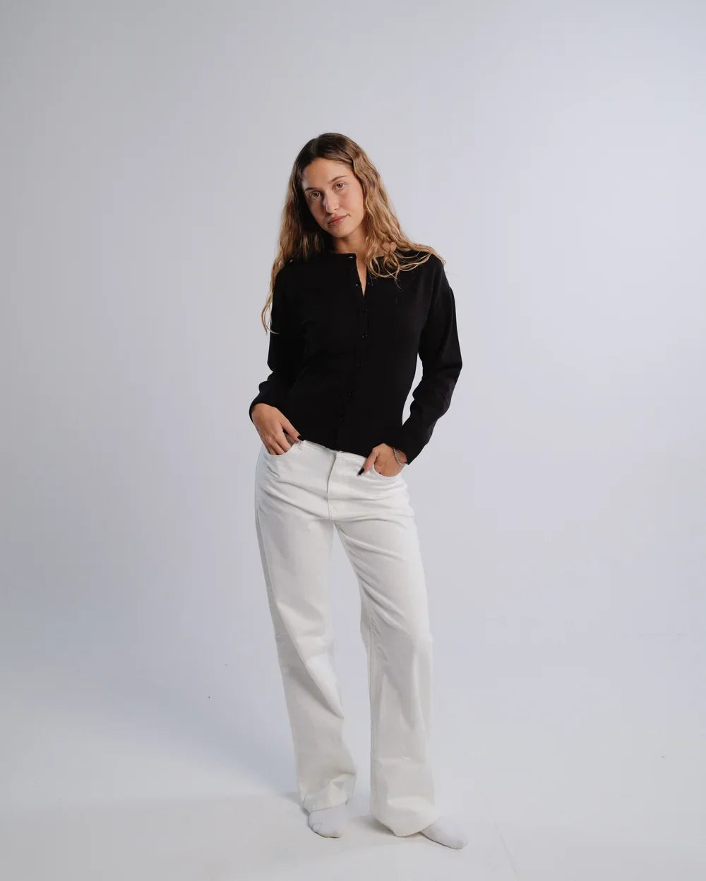Fitted Cardigan in Black — studio photograph