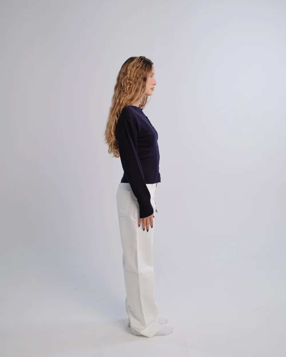 Fitted Cardigan in Navy — studio photograph