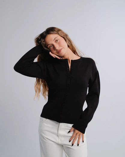 Fitted Cardigan in Black — studio photograph