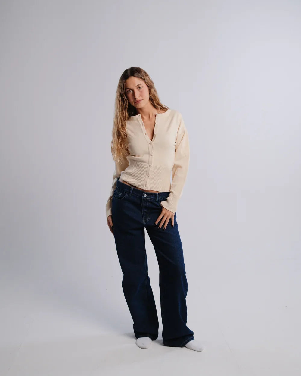 Fitted Cardigan in Cream — studio photograph