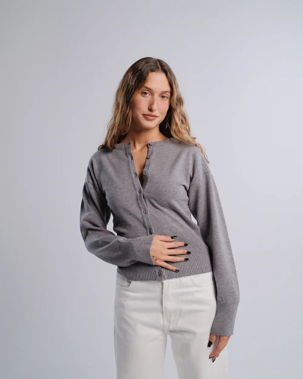 Fitted Cardigan in D-Gray — studio photograph