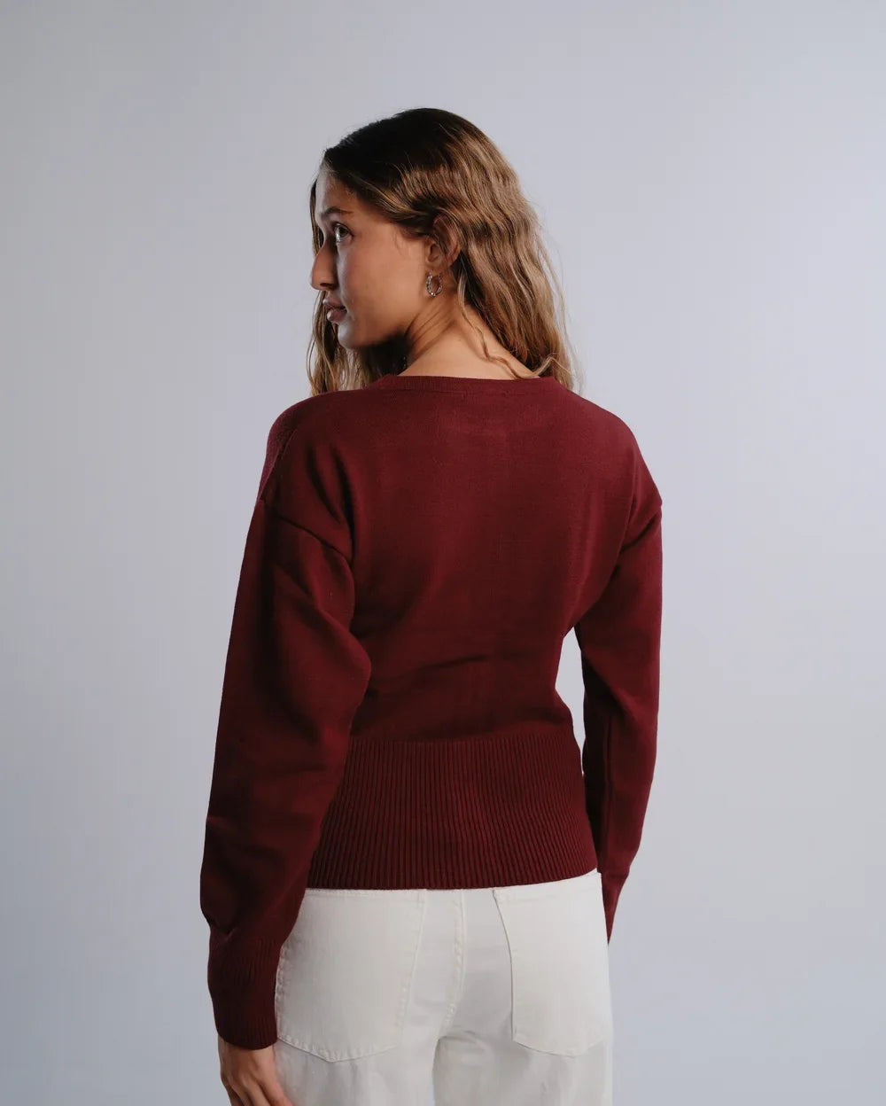 Fitted Cardigan in Burgundy — back view