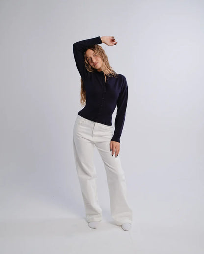 Fitted Cardigan in Navy — studio photograph