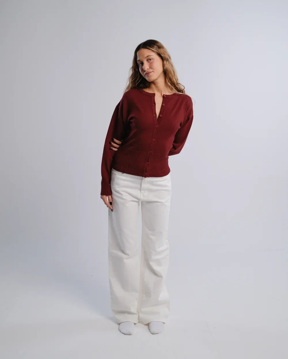 Fitted Cardigan in Burgundy — studio photograph