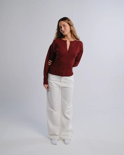 Fitted Cardigan in Burgundy — studio photograph