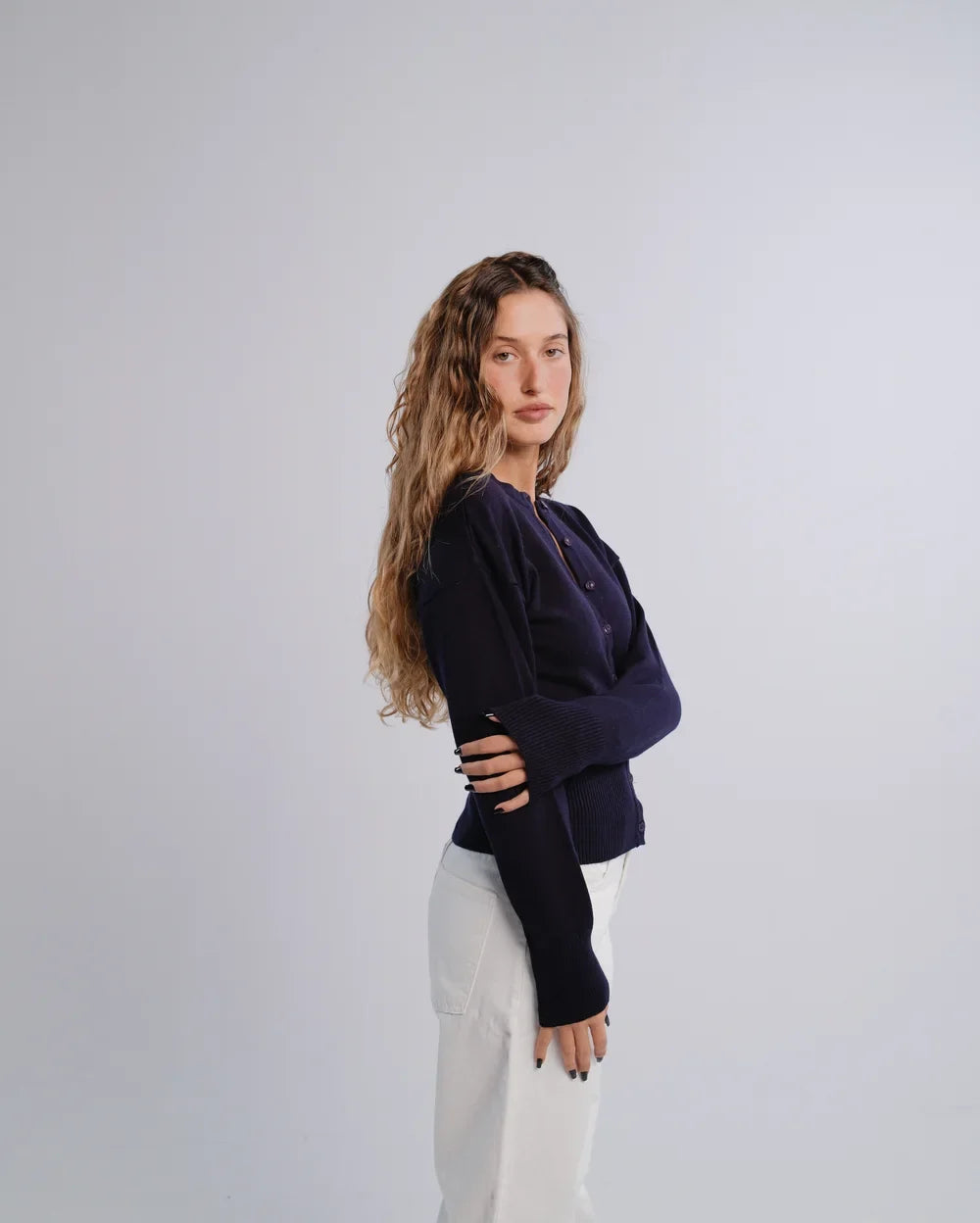 Fitted Cardigan in Navy — studio photograph