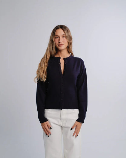 Fitted Cardigan in Navy — studio photograph