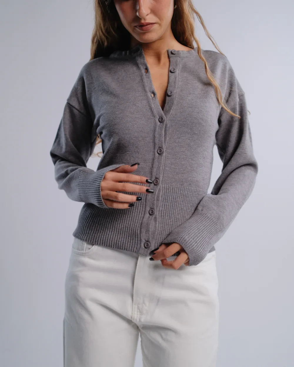 Fitted Cardigan in D-Gray — studio photograph