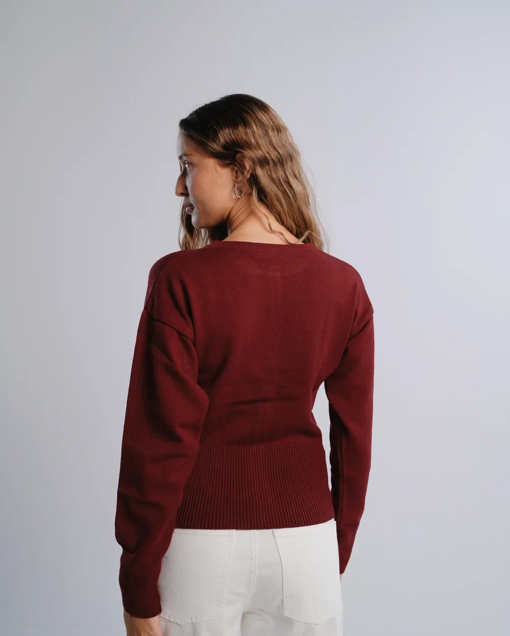 Fitted Cardigan in Burgundy — back view