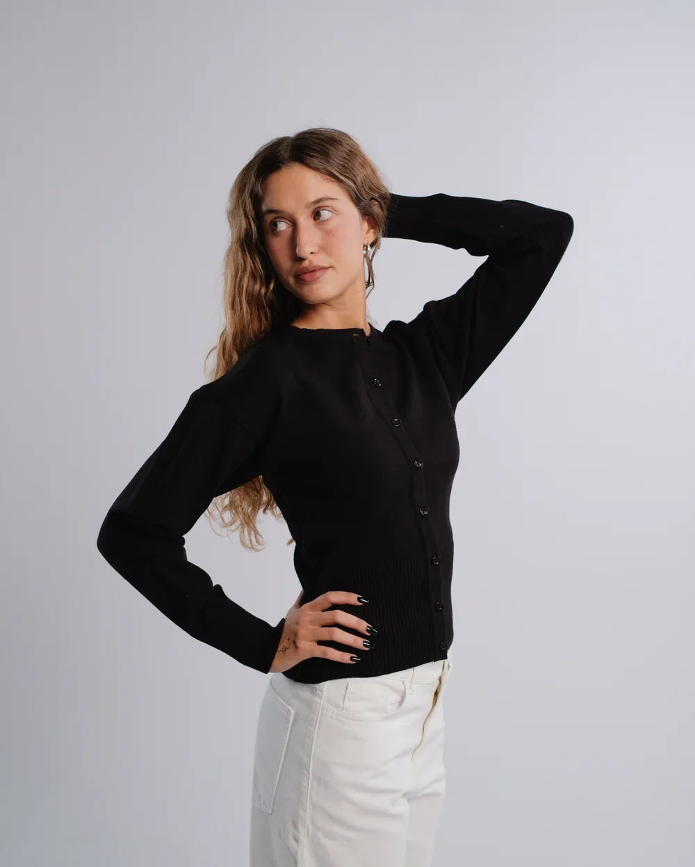 Fitted Cardigan in Black — studio photograph