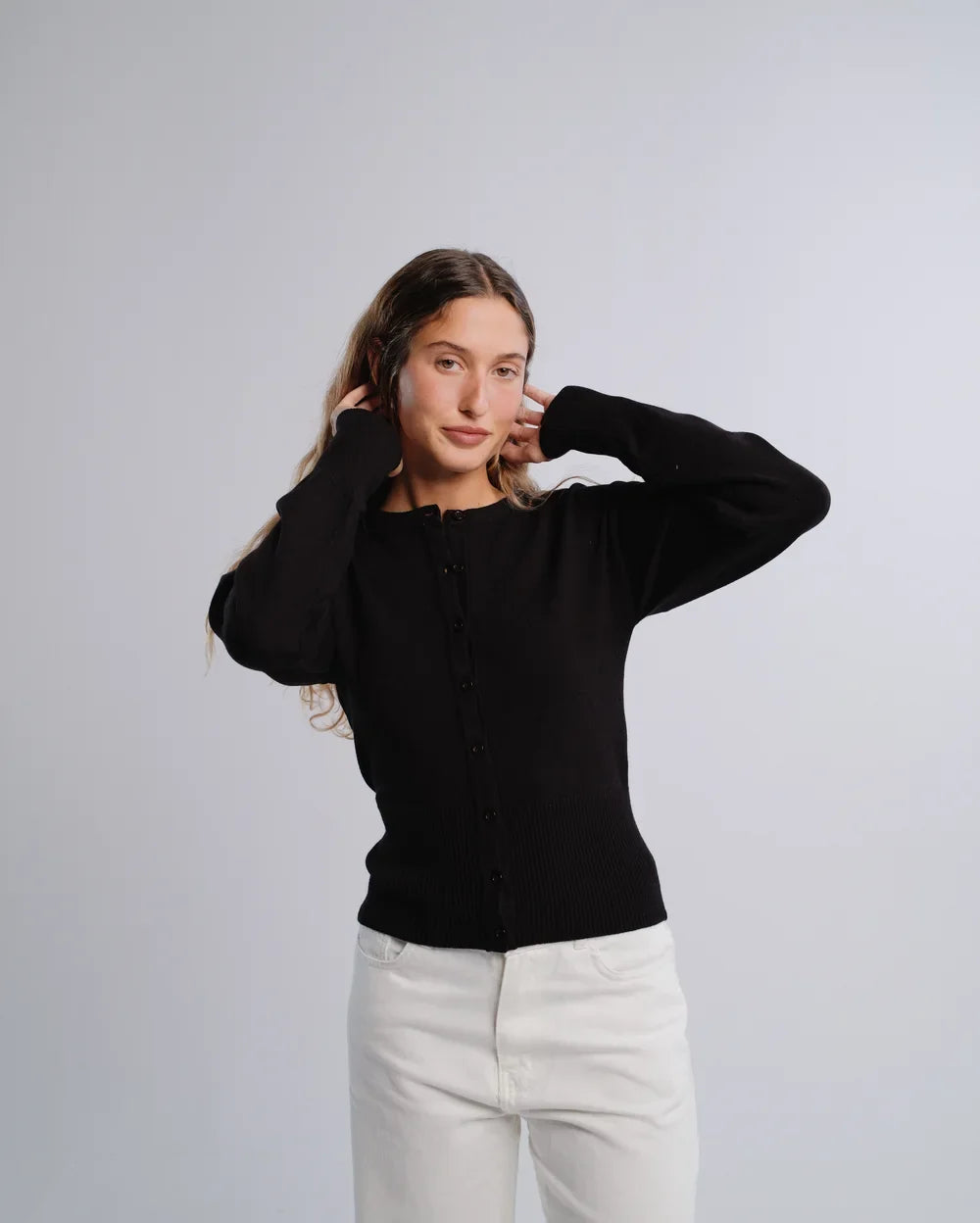 Fitted Cardigan in Black — studio photograph