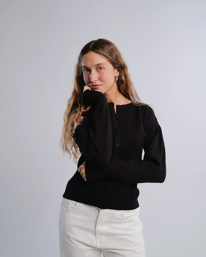 Fitted Cardigan in Black — studio photograph