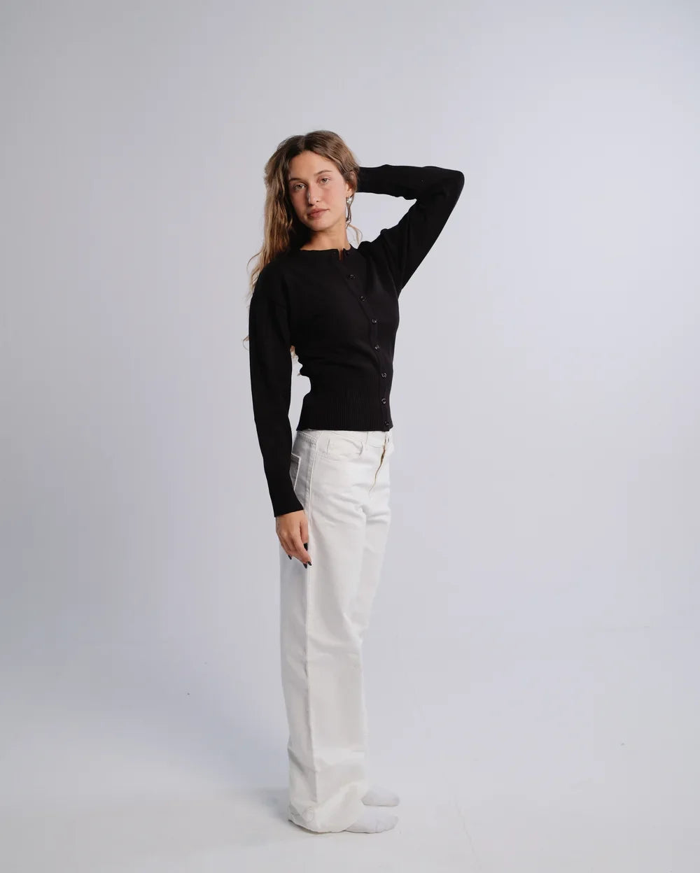 Fitted Cardigan in Black — studio photograph