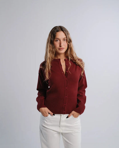 Fitted Cardigan in Burgundy — studio photograph