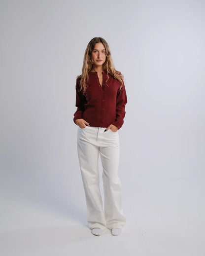Fitted Cardigan in Burgundy — studio photograph