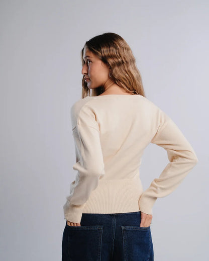 Fitted Cardigan in Cream — back view