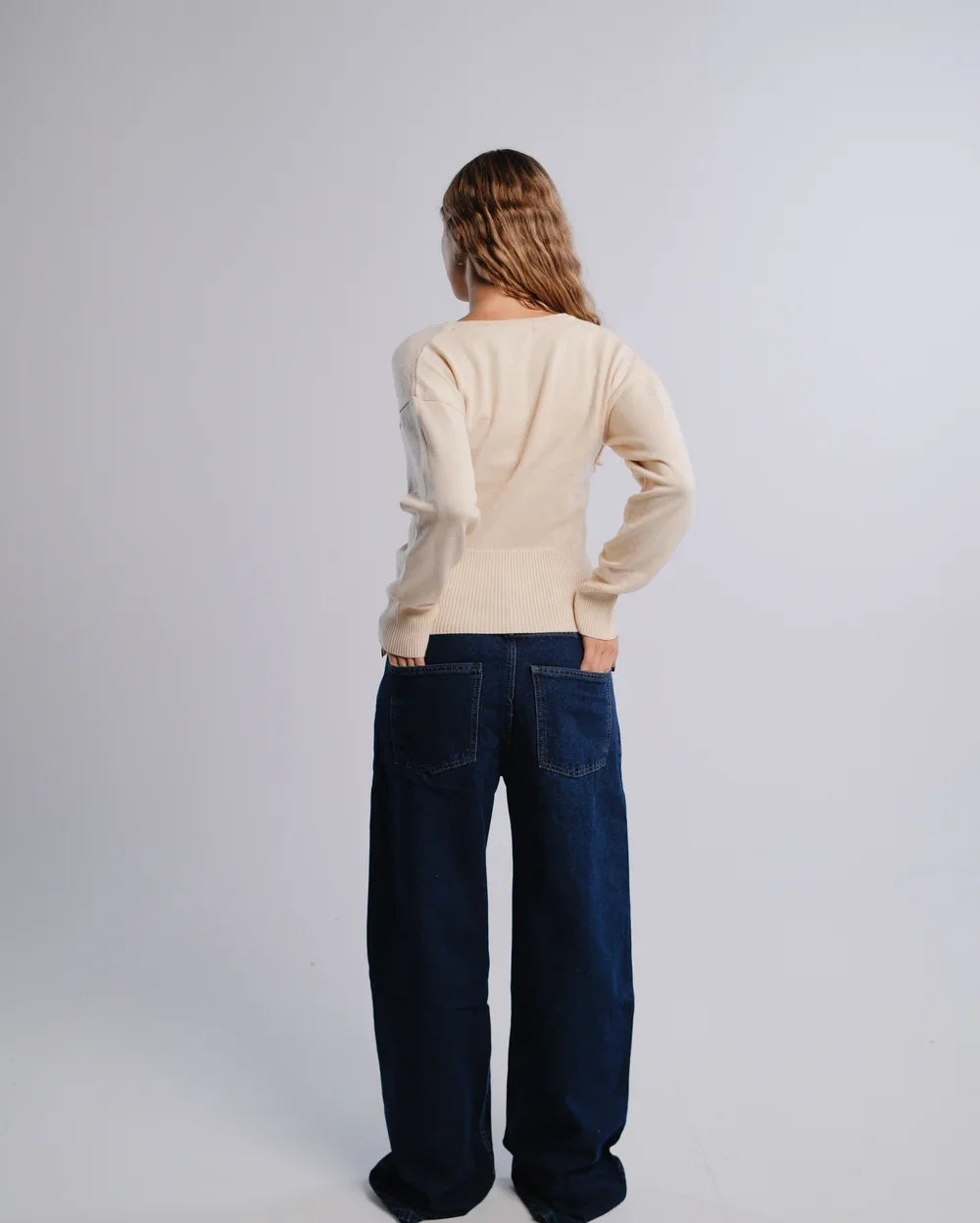 Fitted Cardigan in Cream — back view