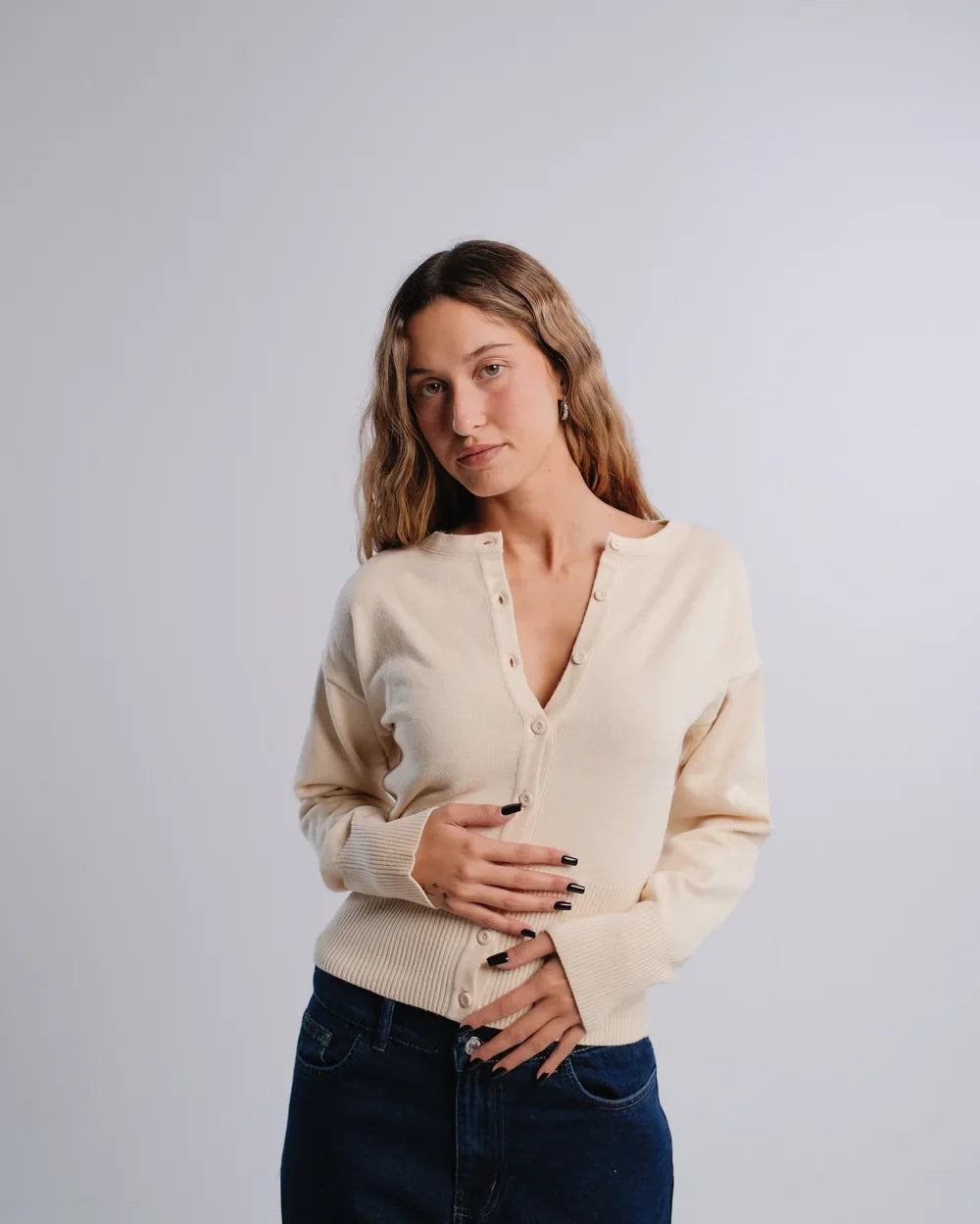 Fitted Cardigan in Cream — studio photograph