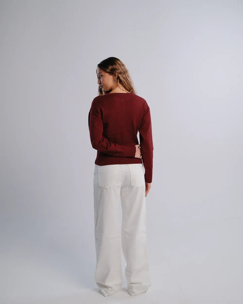 Fitted Cardigan in Burgundy — back view