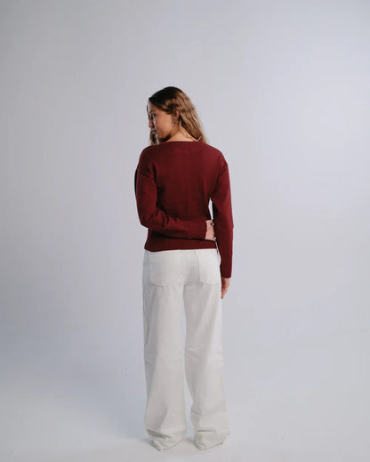 Fitted Cardigan in Burgundy — back view