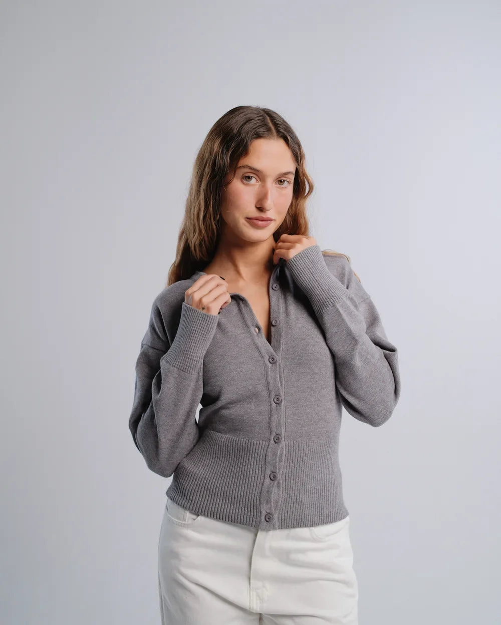 Fitted Cardigan in D-Gray — studio photograph