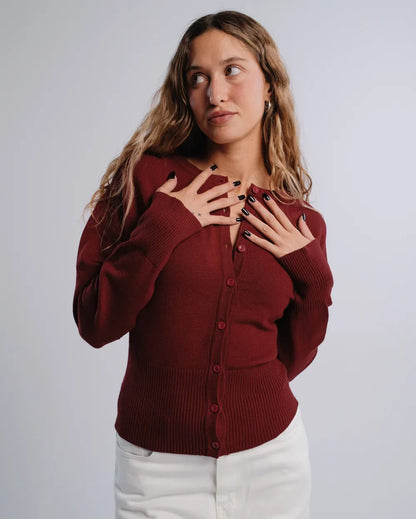 Fitted Cardigan in Burgundy — studio photograph