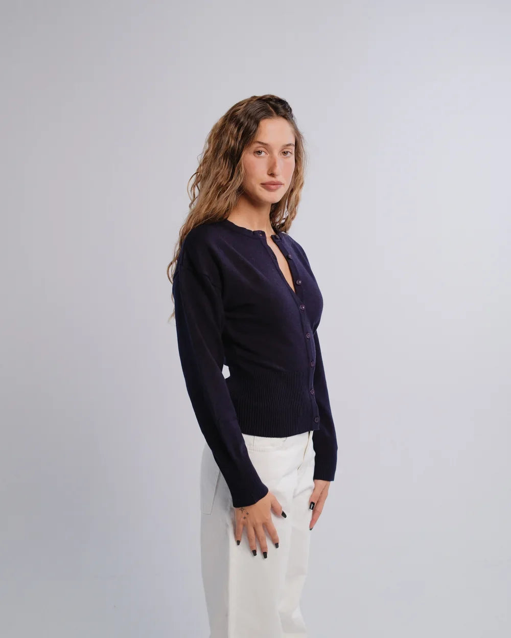 Fitted Cardigan in Navy — studio photograph