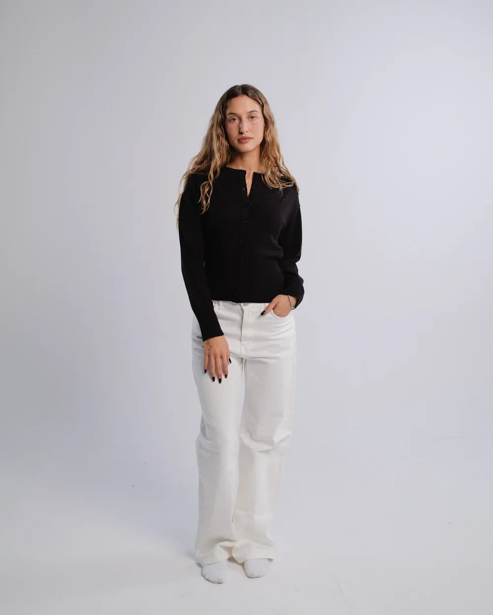 Fitted Cardigan in Black — studio photograph