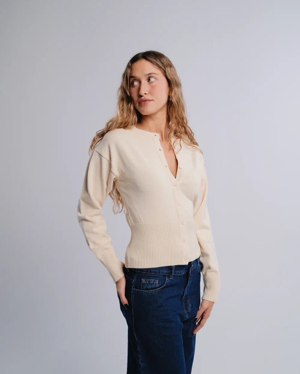 Fitted Cardigan in Cream — studio photograph